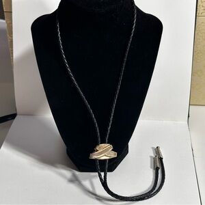 Vintage Hickok Mens Bolo Tie Gold Tone Slide Black Leather Cord USA Made Western